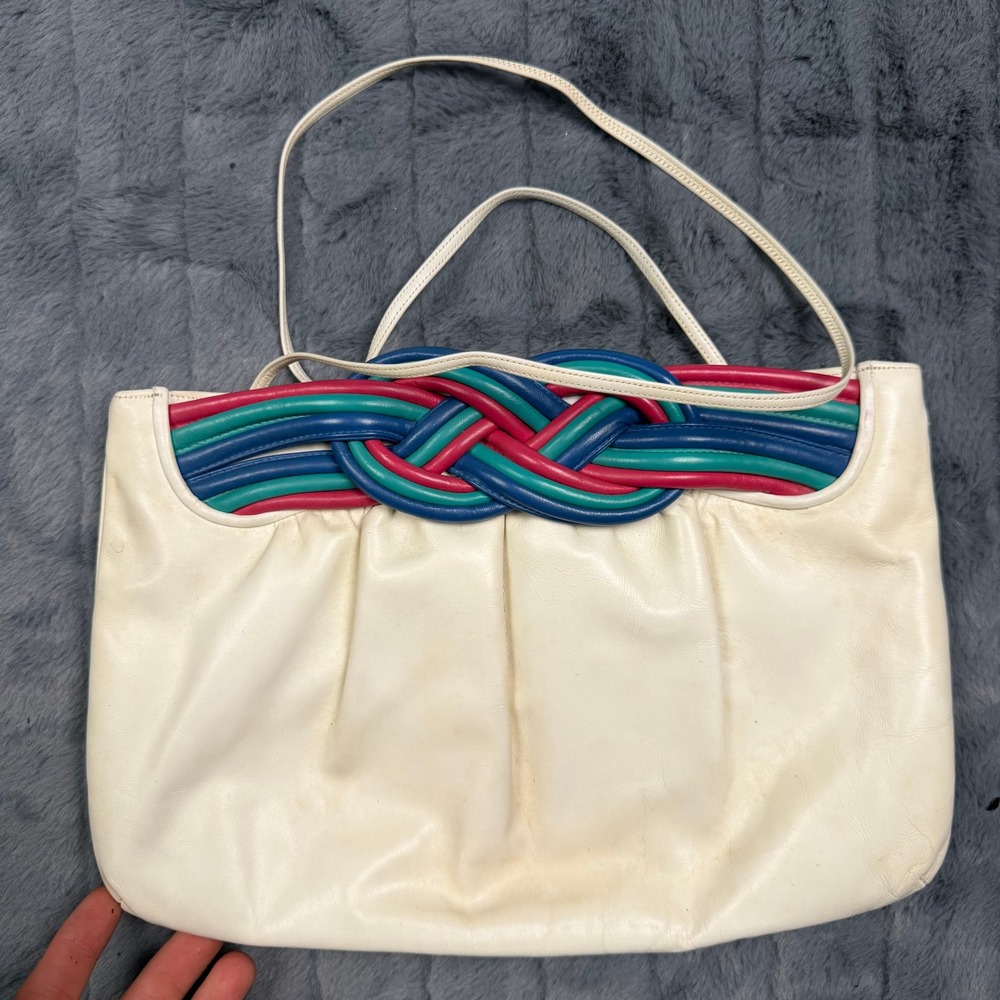 Morris Moskowitz Shoulder Bag Womens Medium Cream Leather Braided Multi-Color